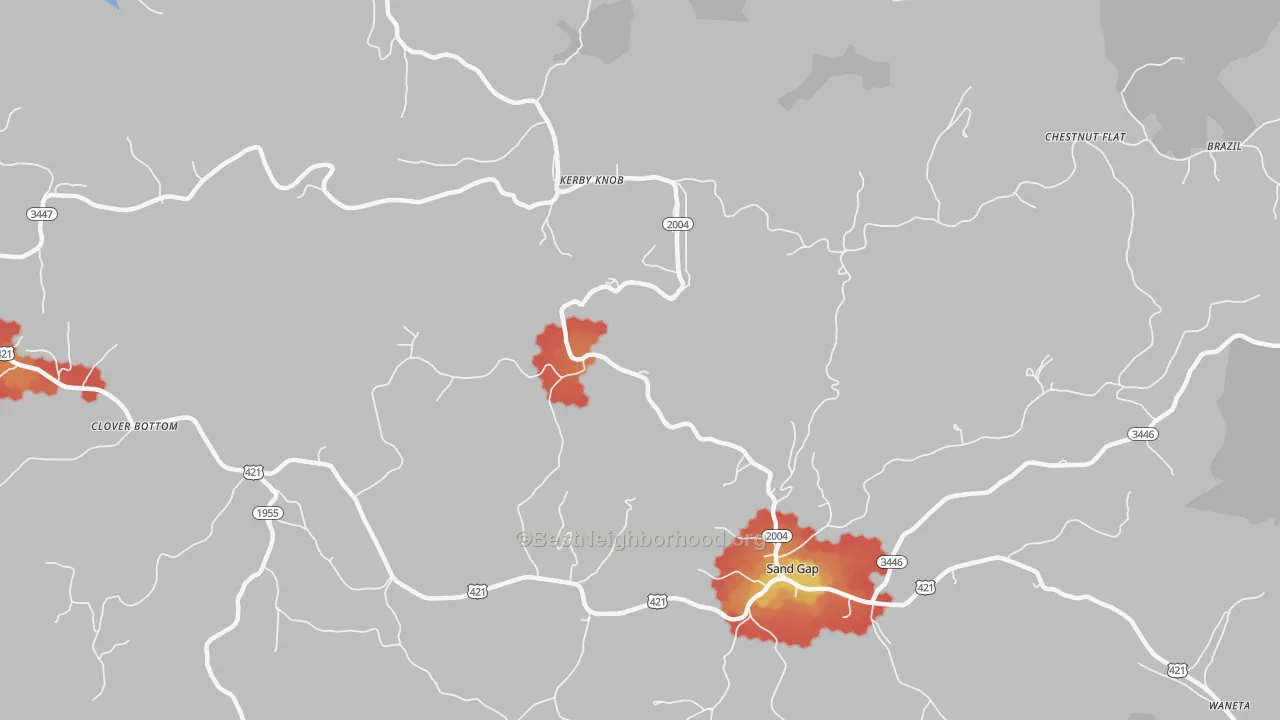 Walk Grade map of Kerby Knob, KY, walkable areas in green and car-dependent areas in red