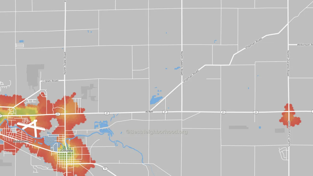 Walk Grade map of Kerby, MI, walkable areas in green and car-dependent areas in red