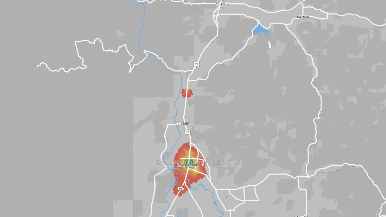 Walk Grade map of Kerby, OR, walkable areas in green and car-dependent areas in red