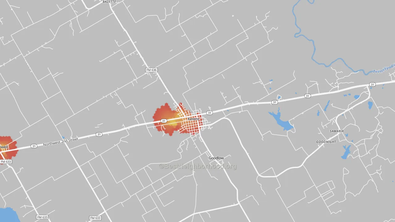 Walk Grade map of Kerens, TX, walkable areas in green and car-dependent areas in red
