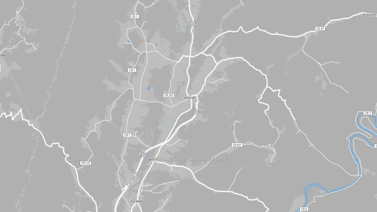 Walk Grade map of Kerens, WV, walkable areas in green and car-dependent areas in red