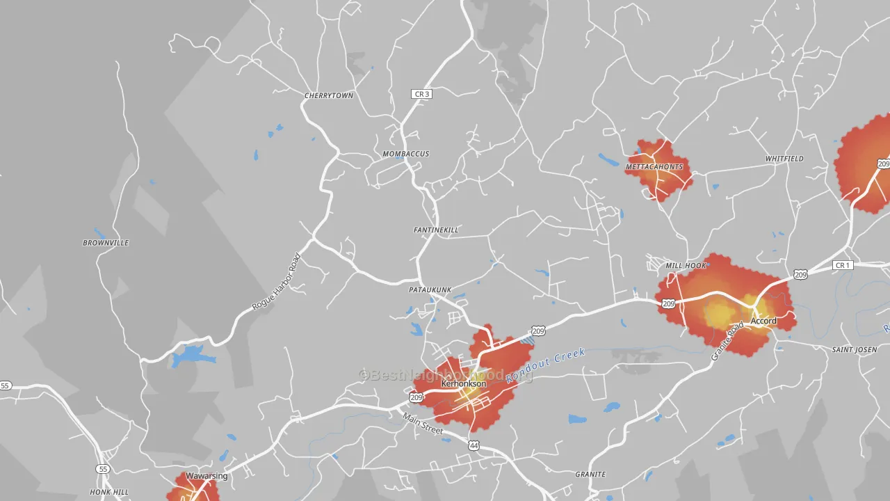 Walk Grade map of Kerhonkson, NY, walkable areas in green and car-dependent areas in red