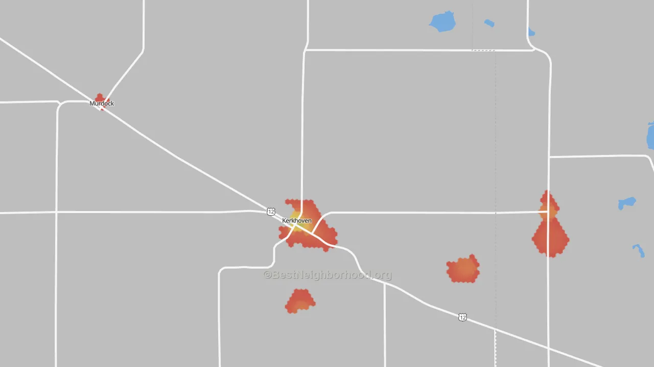 Walk Grade map of Kerkhoven, MN, walkable areas in green and car-dependent areas in red