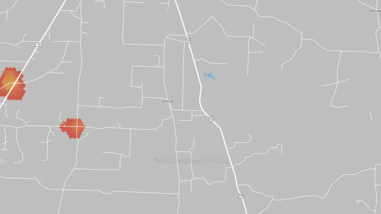 Walk Grade map of Kerlin, AR, walkable areas in green and car-dependent areas in red