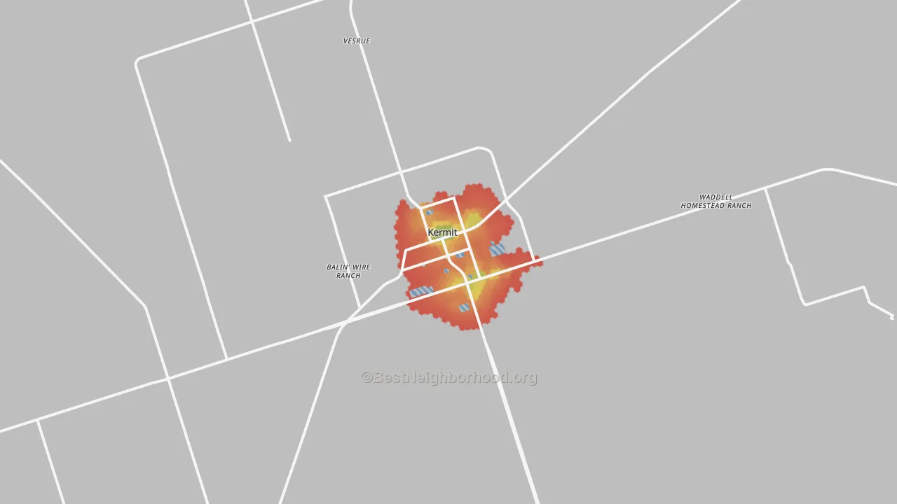 Walk Grade map of Kermit, TX, walkable areas in green and car-dependent areas in red