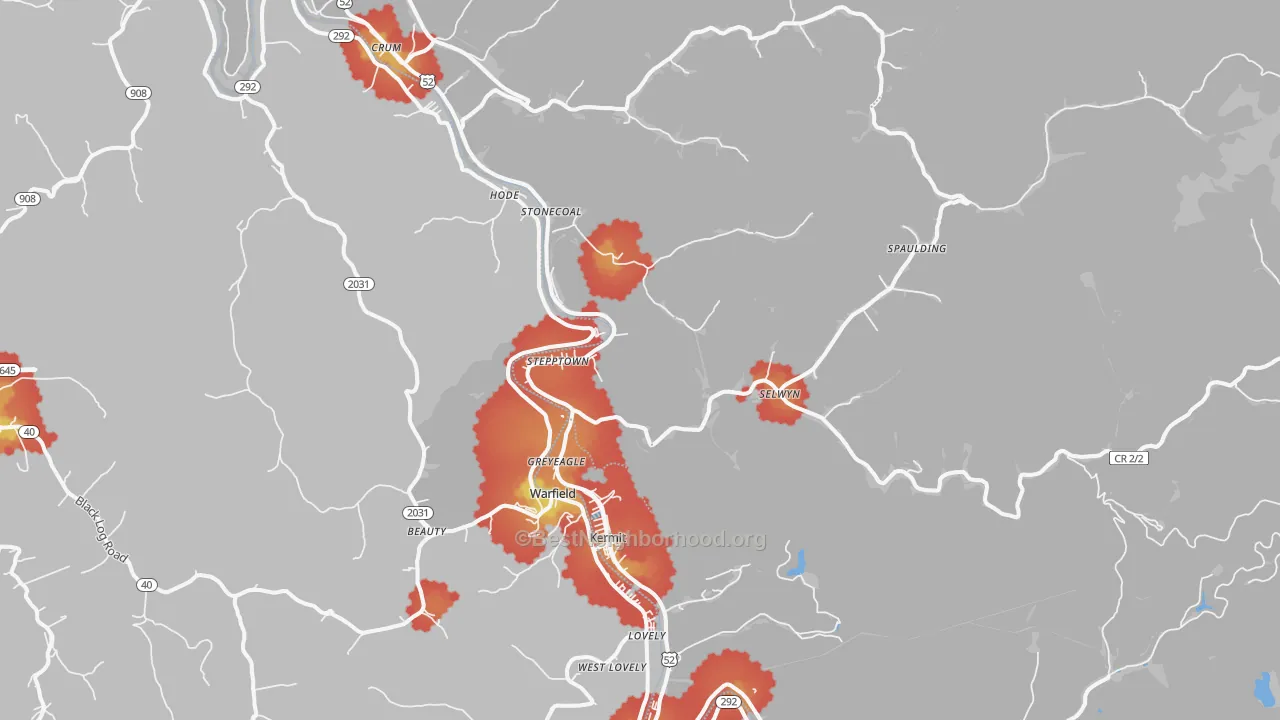 Walk Grade map of Kermit, WV, walkable areas in green and car-dependent areas in red