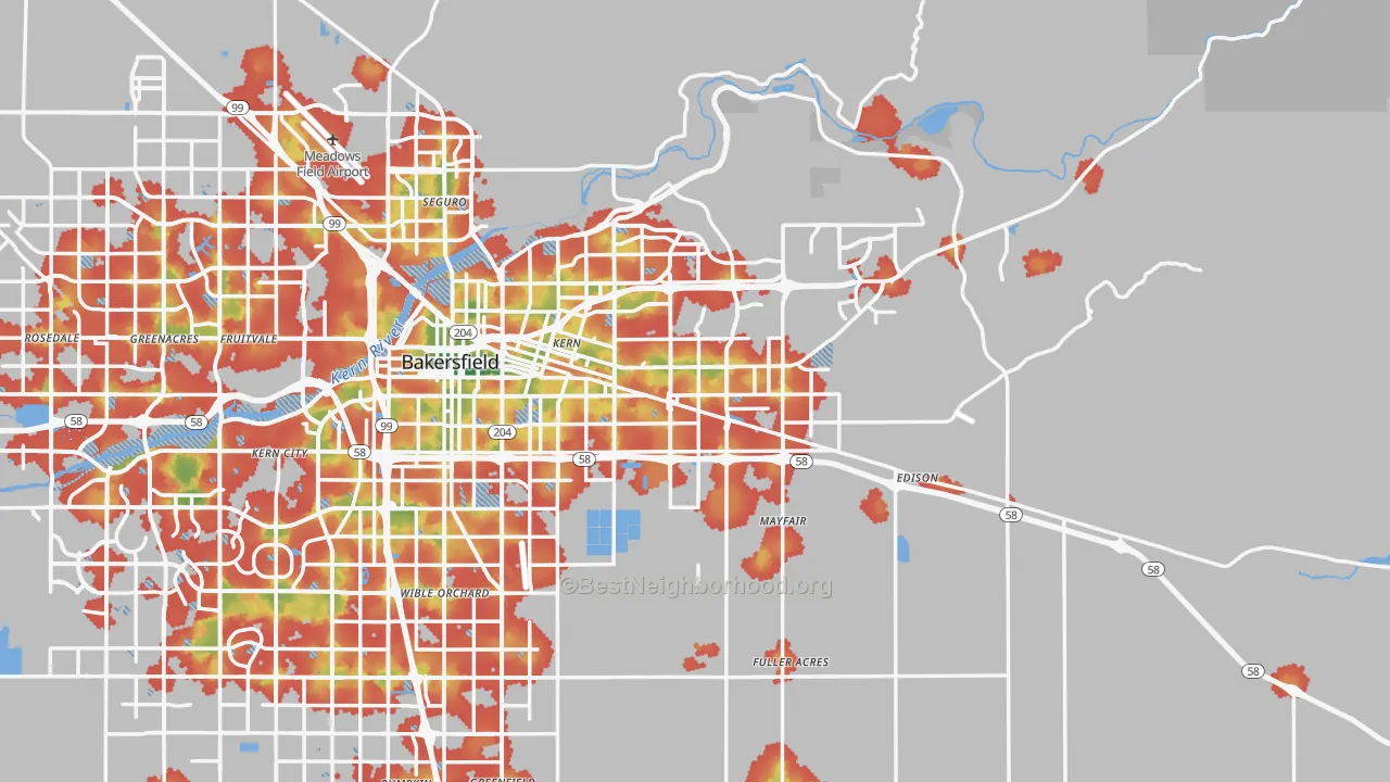 Walk Grade map of Kern County, CA, walkable areas in green and car-dependent areas in red