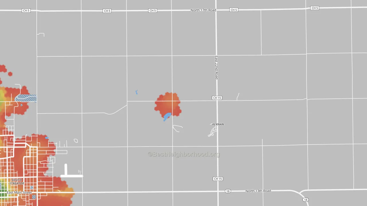 Walk Grade map of Kernan, IL, walkable areas in green and car-dependent areas in red