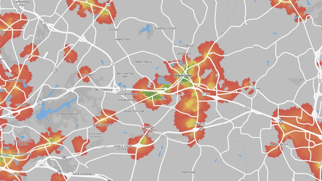 Walk Grade map of Kernersville, NC, walkable areas in green and car-dependent areas in red