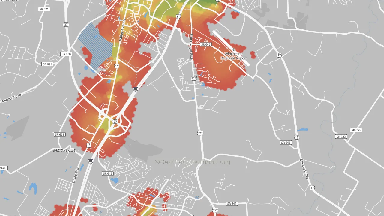 Walk Grade map of Kernstown, VA, walkable areas in green and car-dependent areas in red