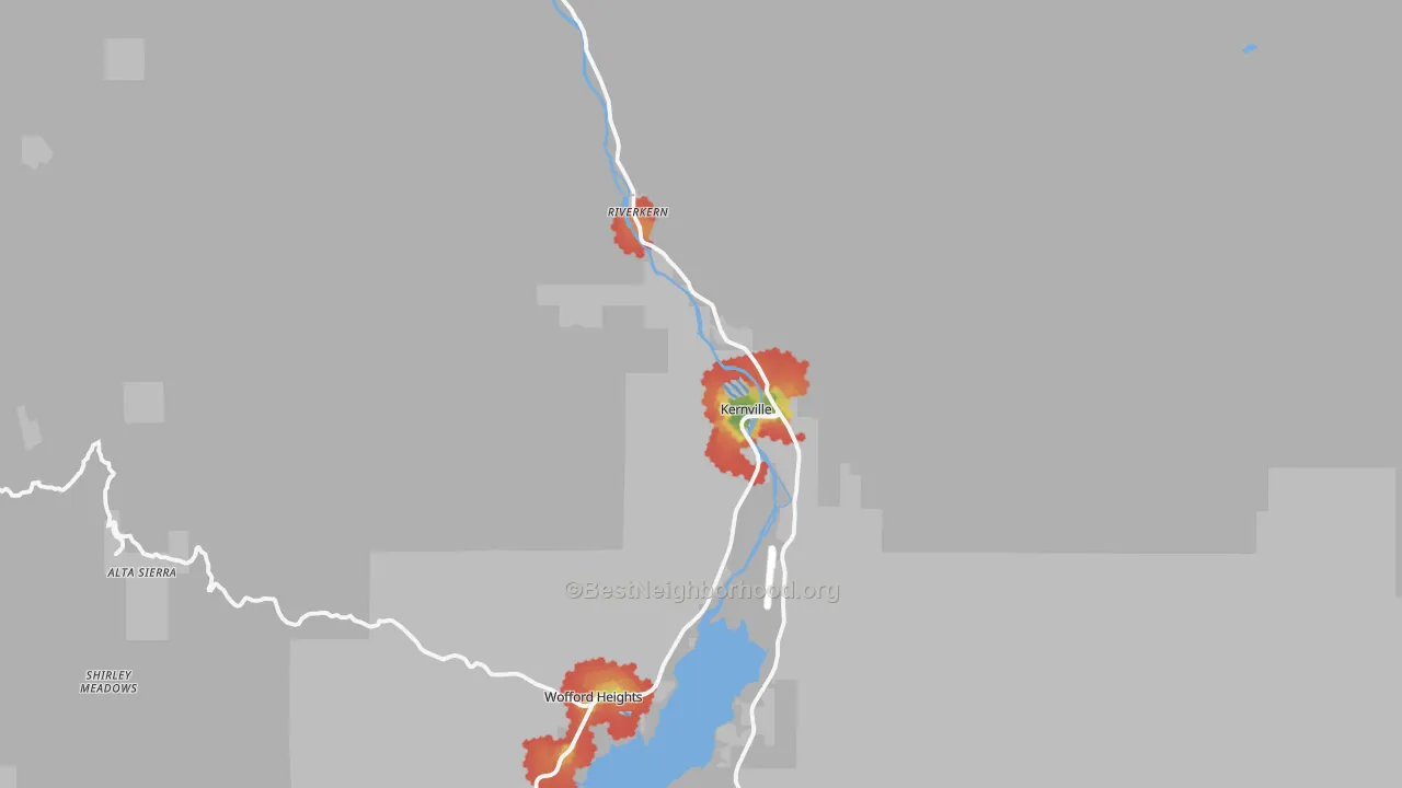Walk Grade map of Kernville, CA, walkable areas in green and car-dependent areas in red