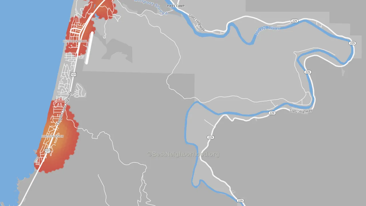 Walk Grade map of Kernville, OR, walkable areas in green and car-dependent areas in red