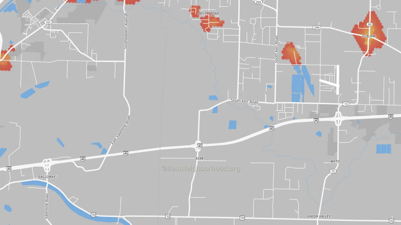Walk Grade map of Kerr, AR, walkable areas in green and car-dependent areas in red