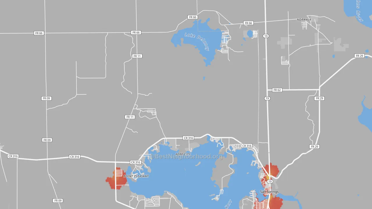 Walk Grade map of Kerr City, FL, walkable areas in green and car-dependent areas in red