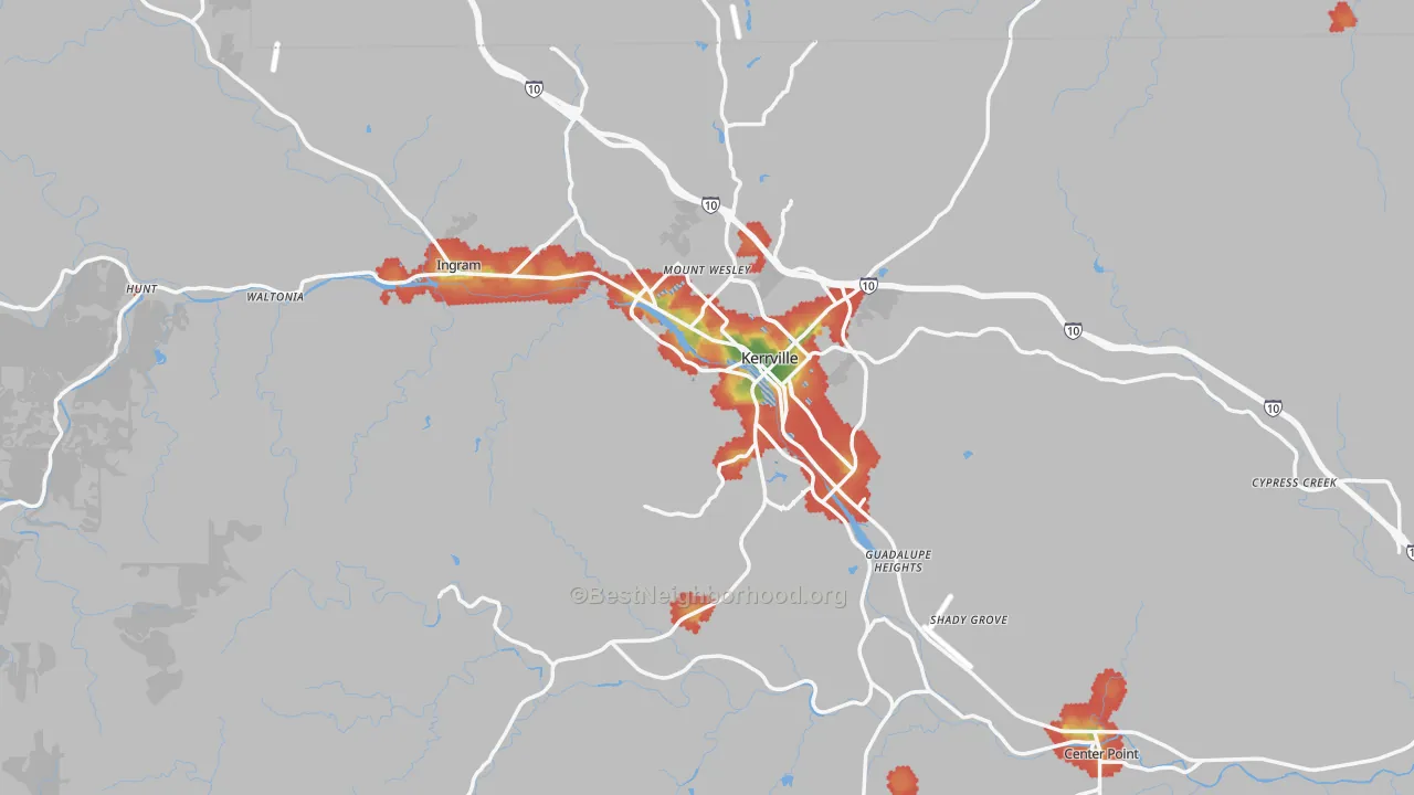 Walk Grade map of Kerr County, TX, walkable areas in green and car-dependent areas in red