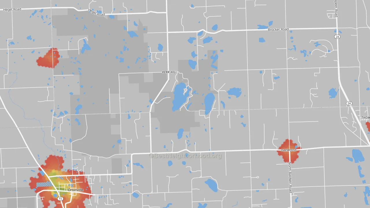 Walk Grade map of Kerr Hill, MI, walkable areas in green and car-dependent areas in red
