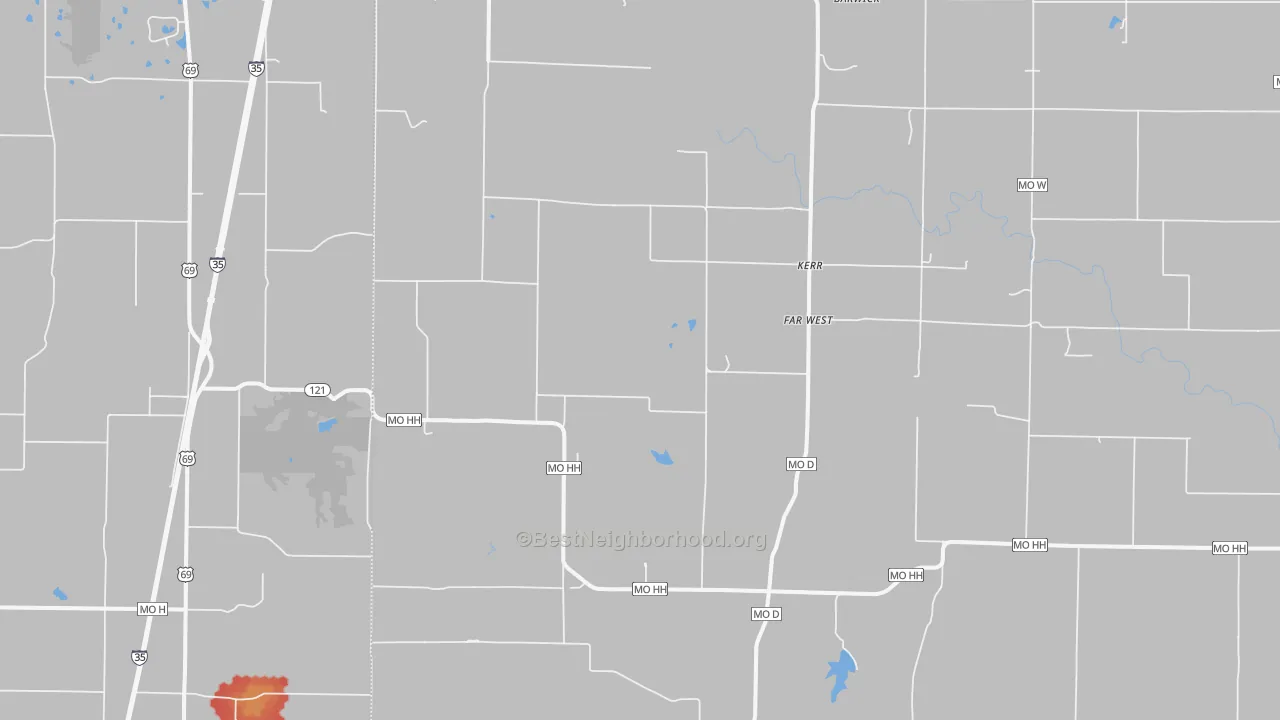 Walk Grade map of Kerr, MO, walkable areas in green and car-dependent areas in red