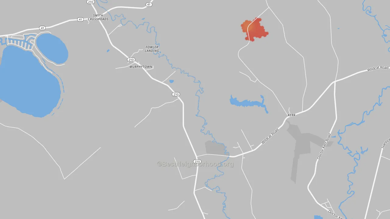Walk Grade map of Kerr, NC, walkable areas in green and car-dependent areas in red