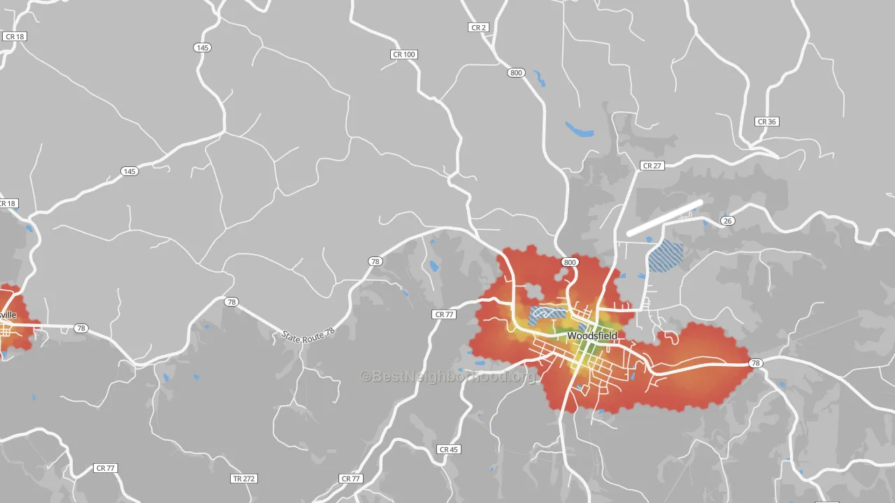 Walk Grade map of Kerr, OH, walkable areas in green and car-dependent areas in red