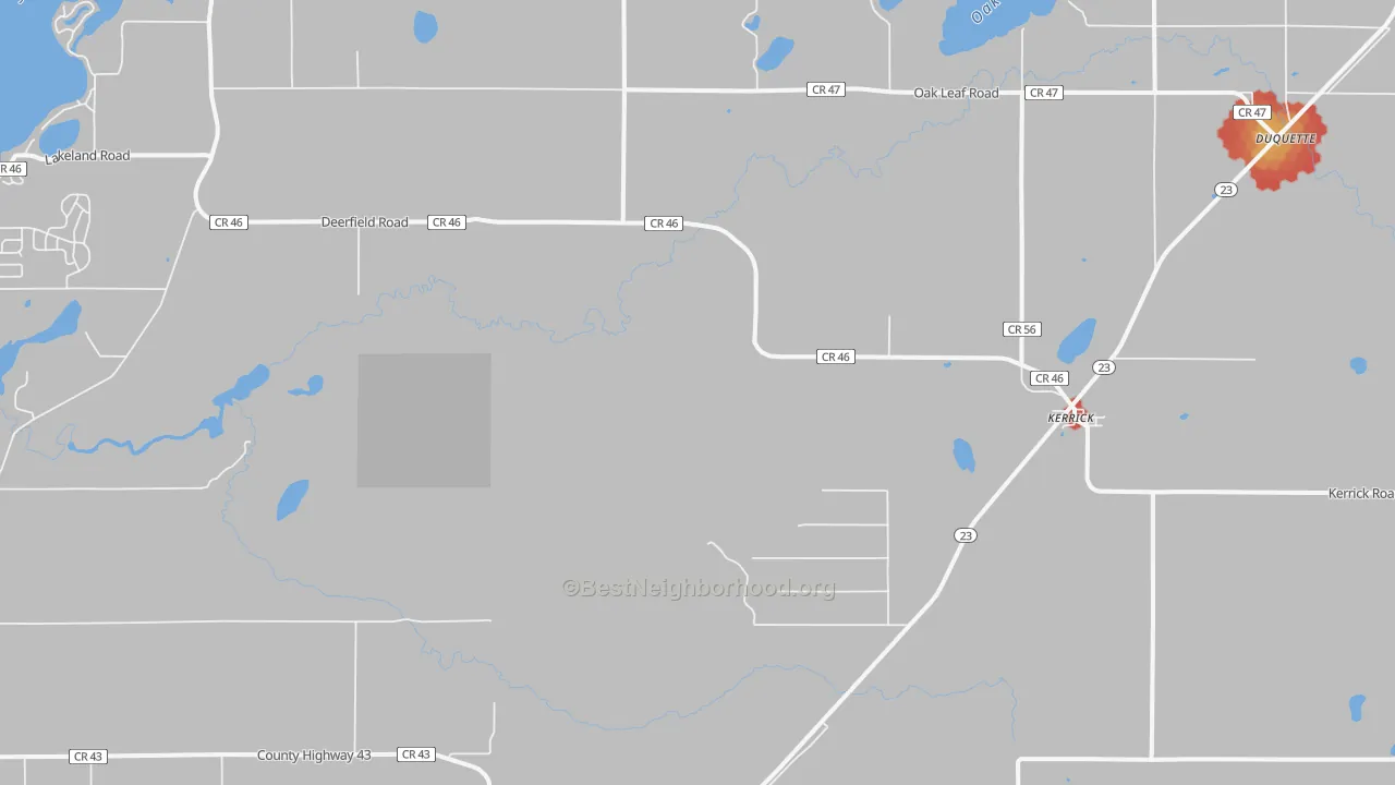 Walk Grade map of Kerrick, MN, walkable areas in green and car-dependent areas in red