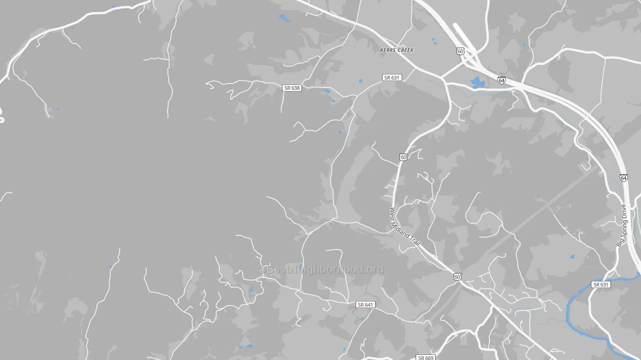 Walk Grade map of Kerrs Creek, VA, walkable areas in green and car-dependent areas in red
