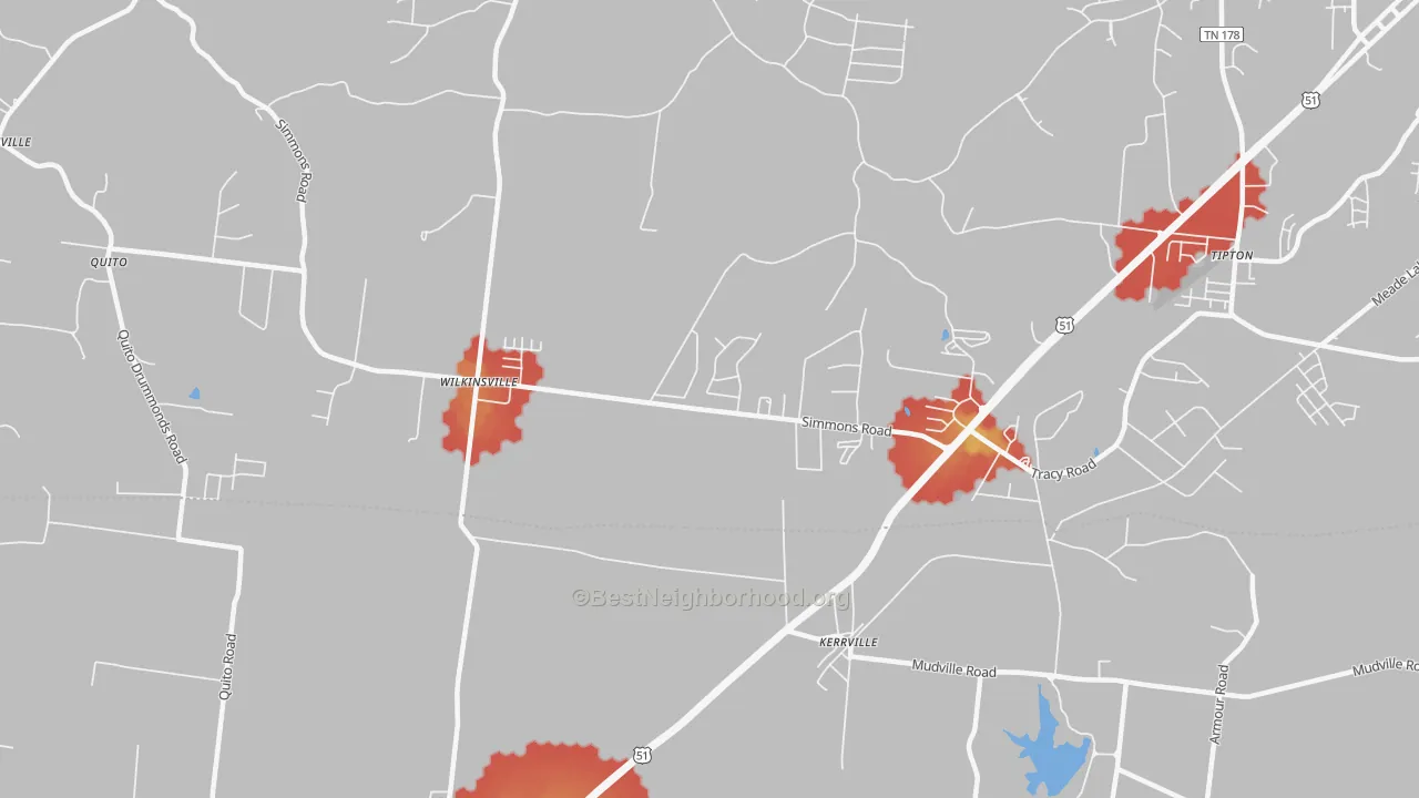 Walk Grade map of Kerrville, TN, walkable areas in green and car-dependent areas in red