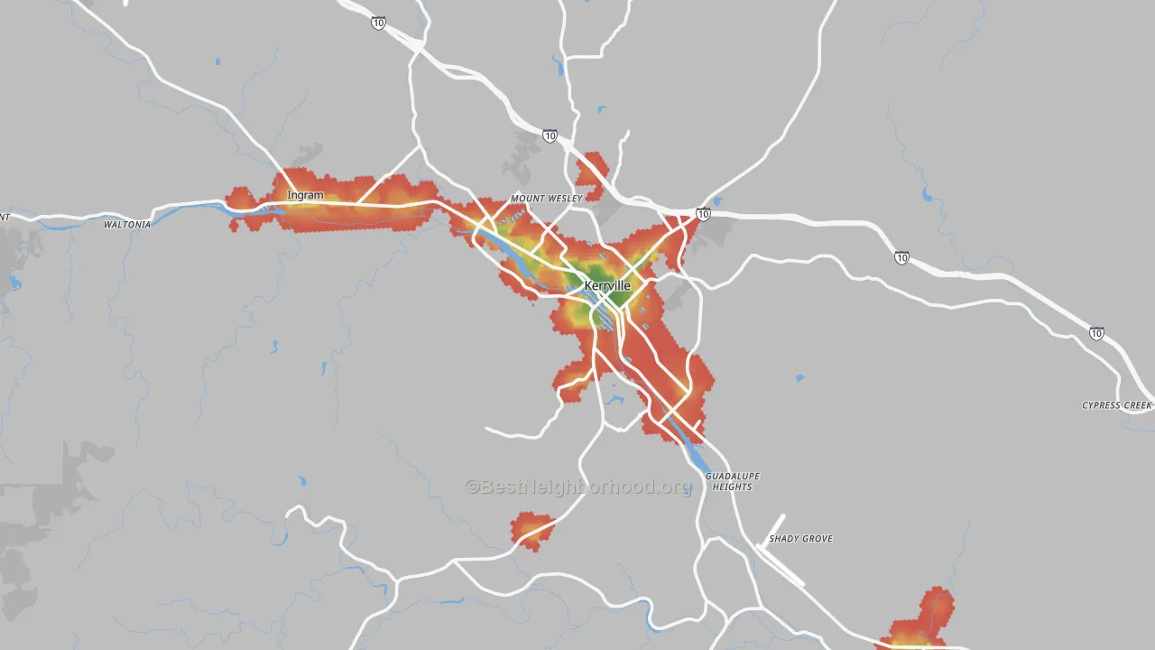 Walk Grade map of Kerrville, TX, walkable areas in green and car-dependent areas in red
