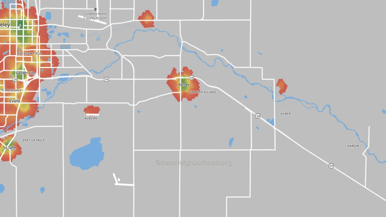 Walk Grade map of Kersey, CO, walkable areas in green and car-dependent areas in red