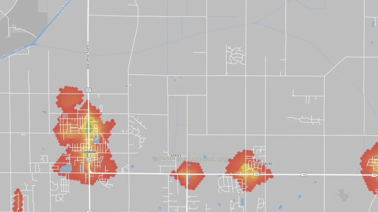 Walk Grade map of Kersey, IN, walkable areas in green and car-dependent areas in red