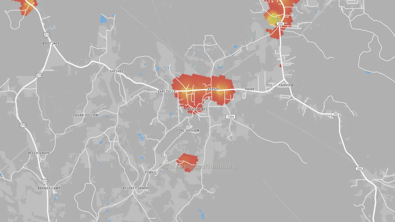 Walk Grade map of Kersey, PA, walkable areas in green and car-dependent areas in red