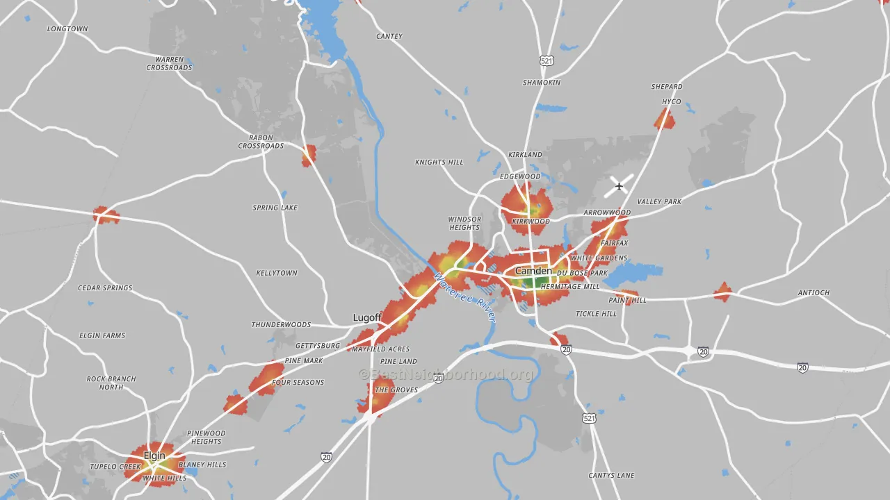 Walk Grade map of Kershaw County, SC, walkable areas in green and car-dependent areas in red