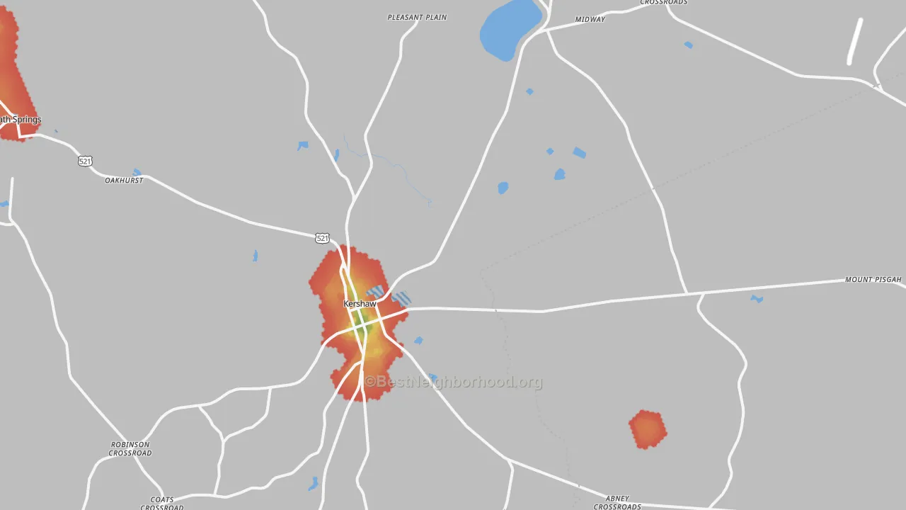Walk Grade map of Kershaw, SC, walkable areas in green and car-dependent areas in red