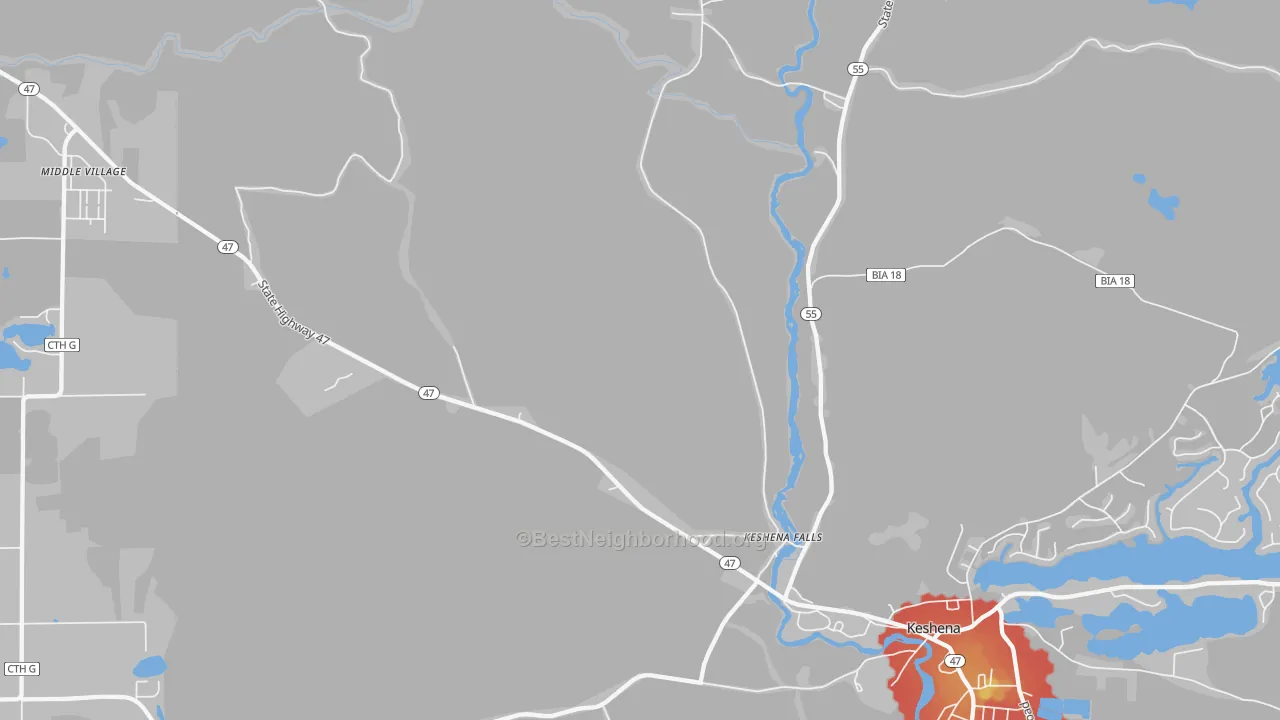 Walk Grade map of Keshena Falls, WI, walkable areas in green and car-dependent areas in red