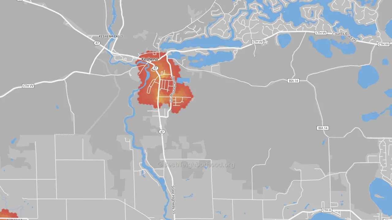 Walk Grade map of Keshena, WI, walkable areas in green and car-dependent areas in red