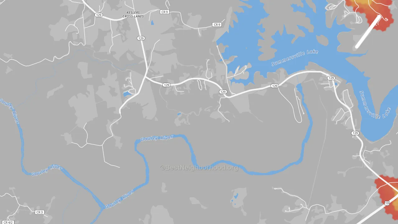 Walk Grade map of Keslers Cross Lanes, WV, walkable areas in green and car-dependent areas in red