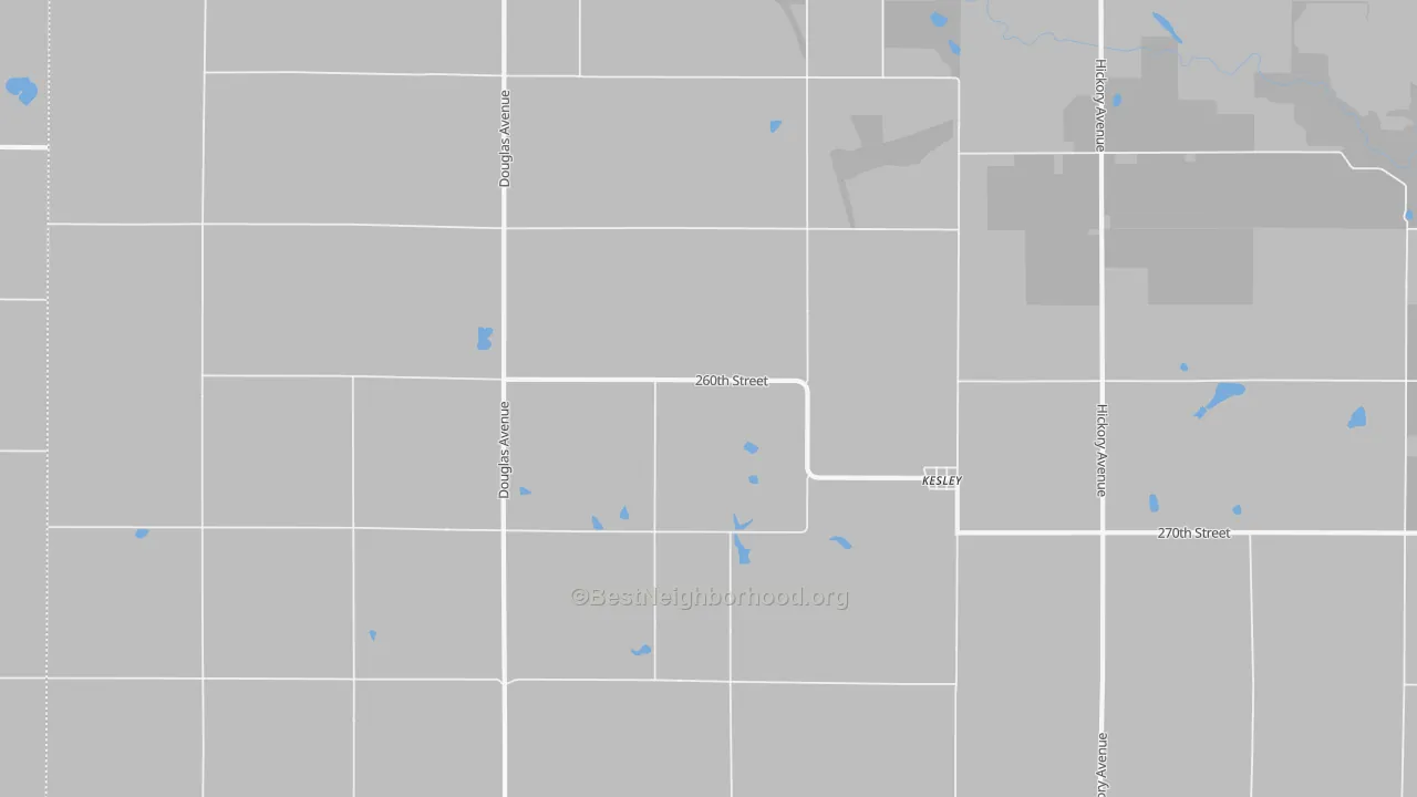 Walk Grade map of Kesley, IA, walkable areas in green and car-dependent areas in red
