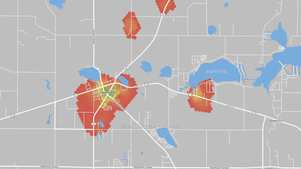 Walk Grade map of Kessington, MI, walkable areas in green and car-dependent areas in red