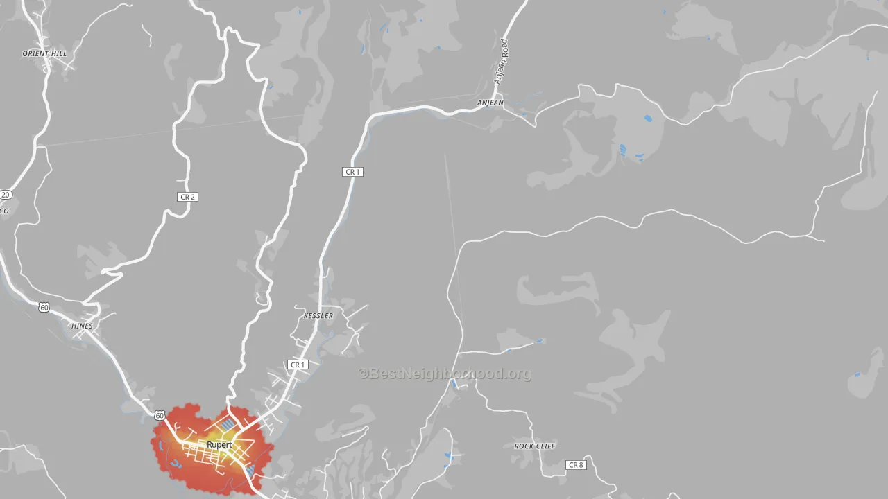 Walk Grade map of Kessler, WV, walkable areas in green and car-dependent areas in red