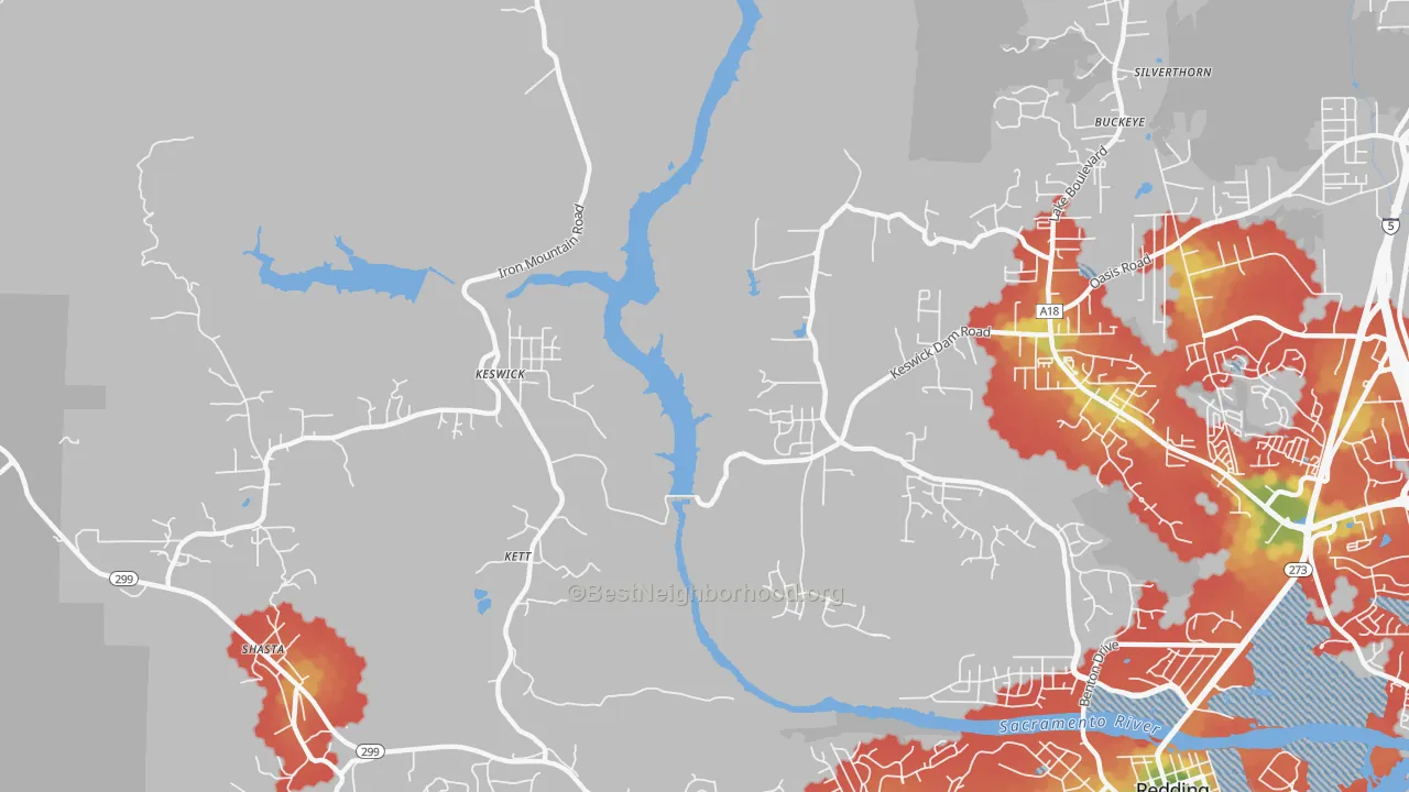 Walk Grade map of Keswick, CA, walkable areas in green and car-dependent areas in red