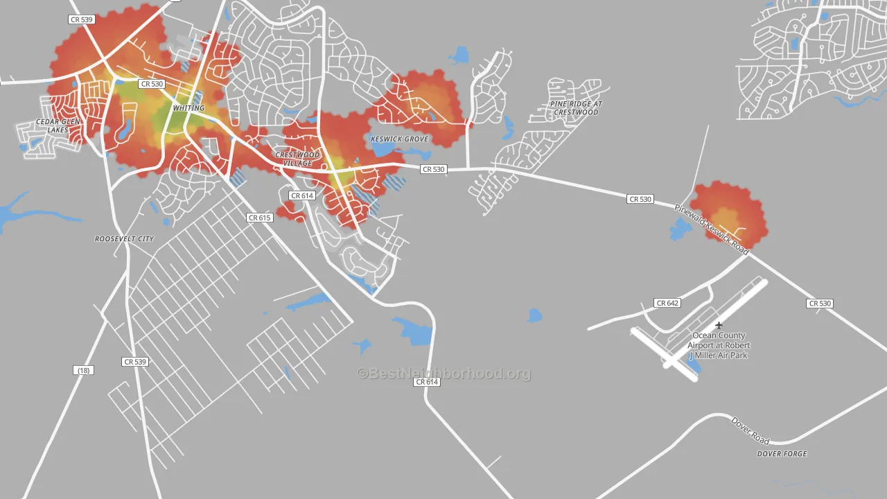 Walk Grade map of Keswick Grove, NJ, walkable areas in green and car-dependent areas in red