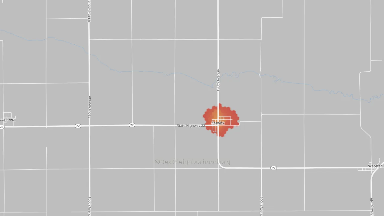 Walk Grade map of Keswick, IA, walkable areas in green and car-dependent areas in red