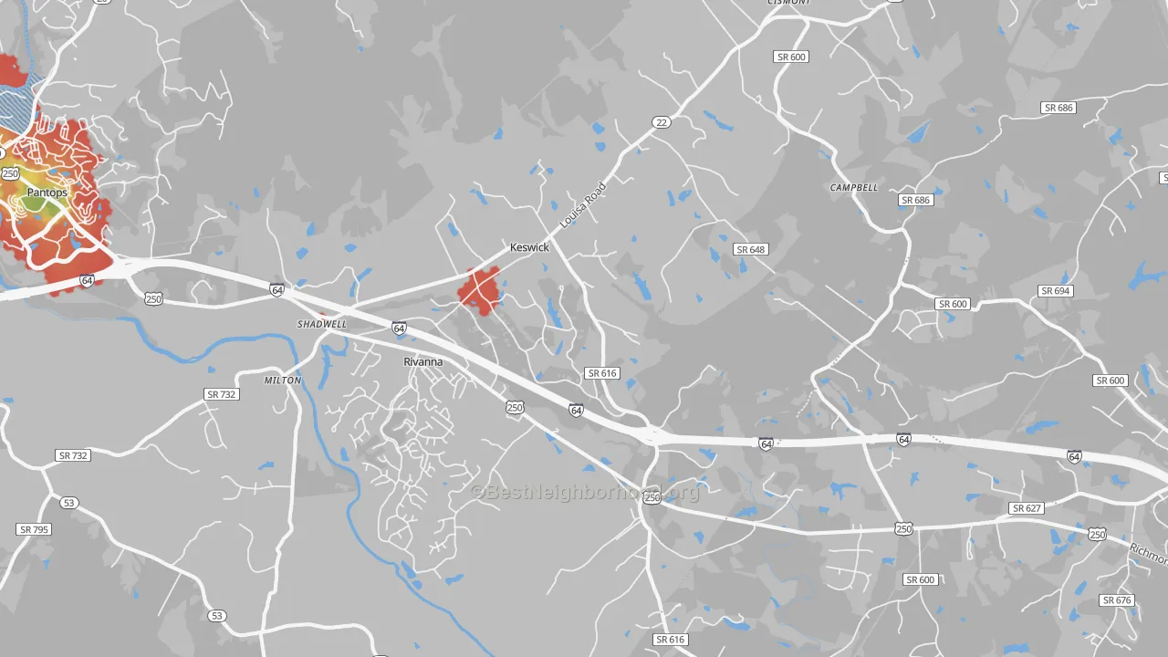 Walk Grade map of Keswick, VA, walkable areas in green and car-dependent areas in red
