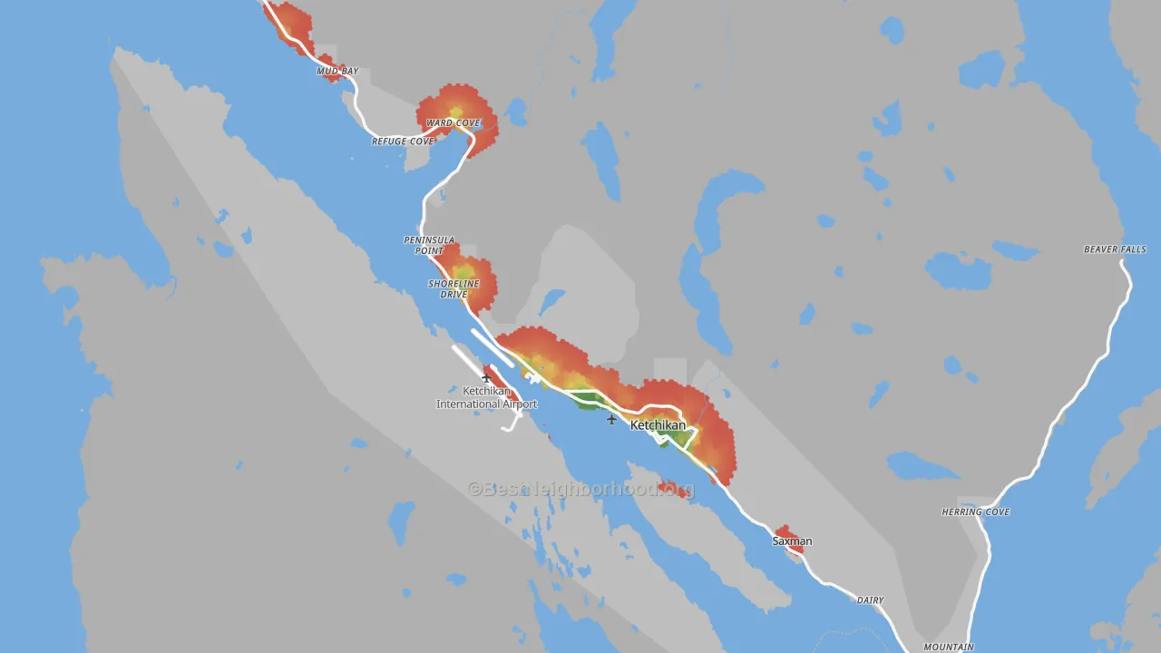 Walk Grade map of Ketchikan, AK, walkable areas in green and car-dependent areas in red