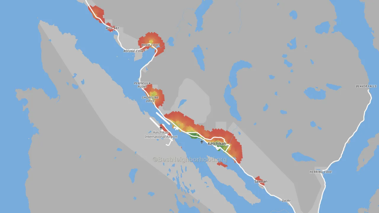 Walk Grade map of Ketchikan Gateway Borough, AK, walkable areas in green and car-dependent areas in red