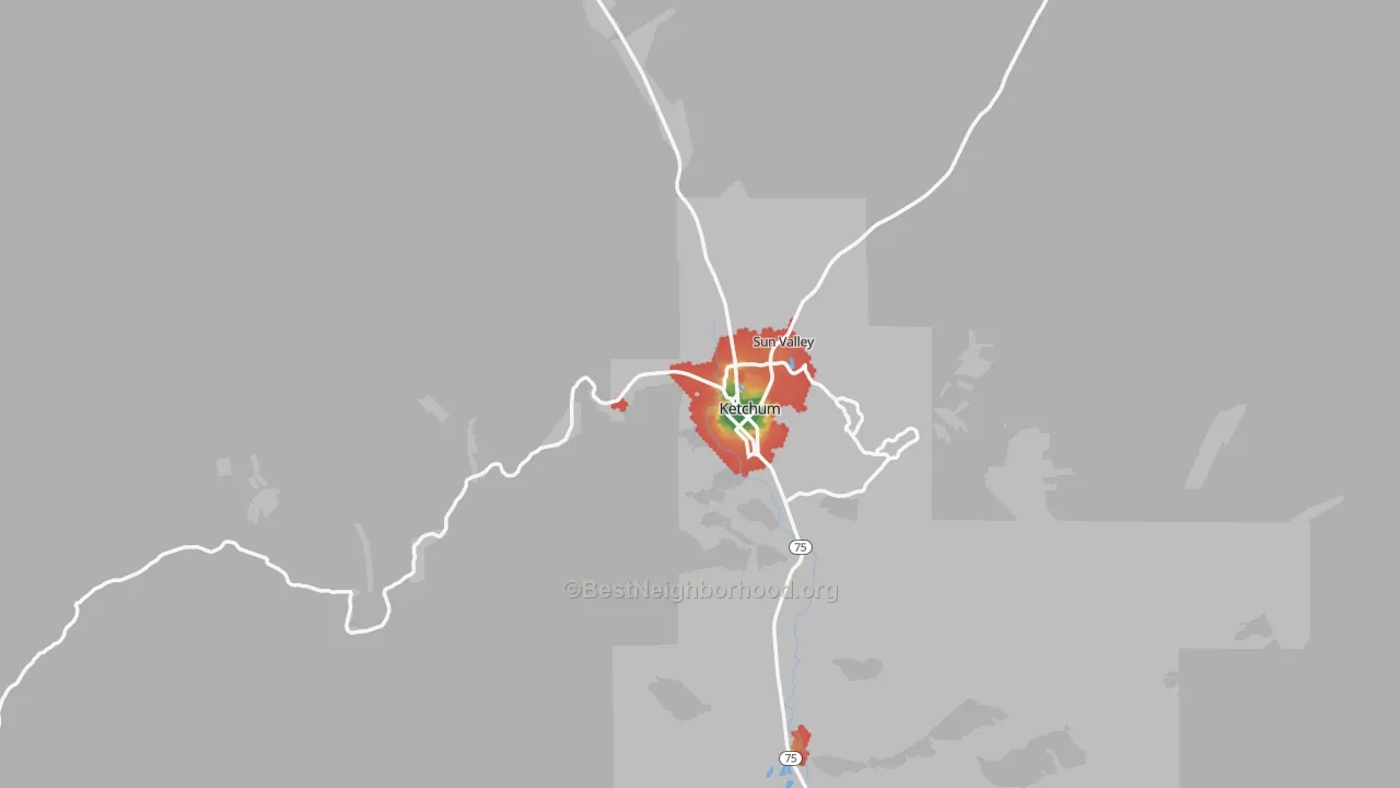 Walk Grade map of Ketchum, ID, walkable areas in green and car-dependent areas in red