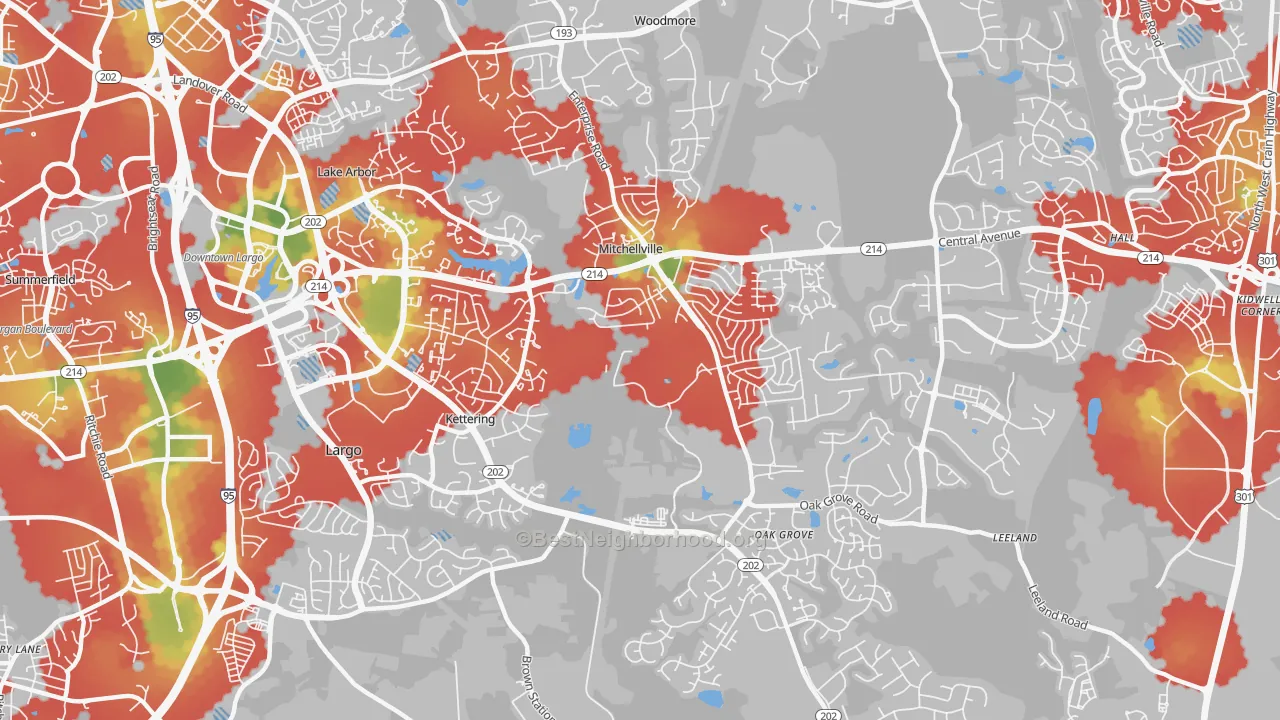 Walk Grade map of Kettering, MD, walkable areas in green and car-dependent areas in red
