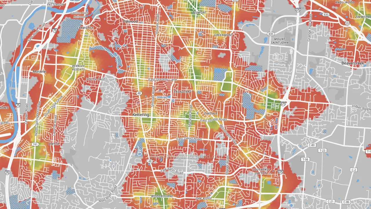 Walk Grade map of Kettering, OH, walkable areas in green and car-dependent areas in red