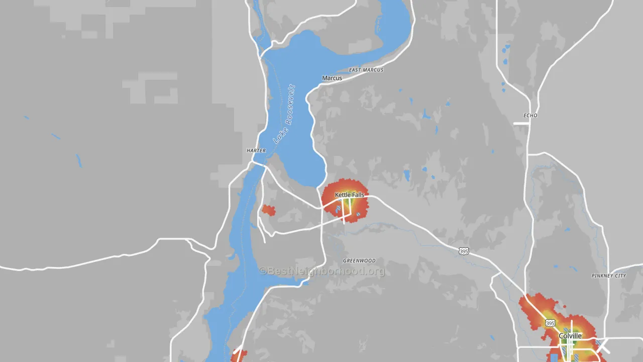 Walk Grade map of Kettle Falls, WA, walkable areas in green and car-dependent areas in red