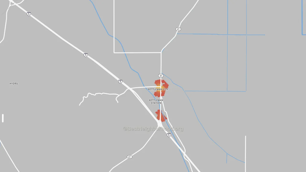 Walk Grade map of Kettleman City, CA, walkable areas in green and car-dependent areas in red