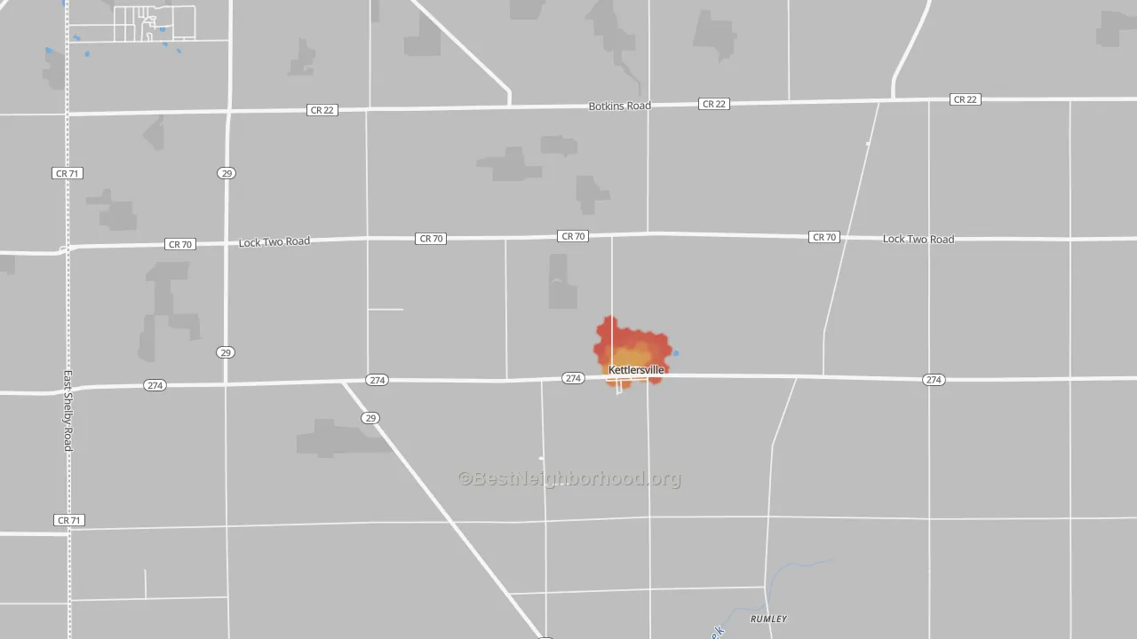 Walk Grade map of Kettlersville, OH, walkable areas in green and car-dependent areas in red